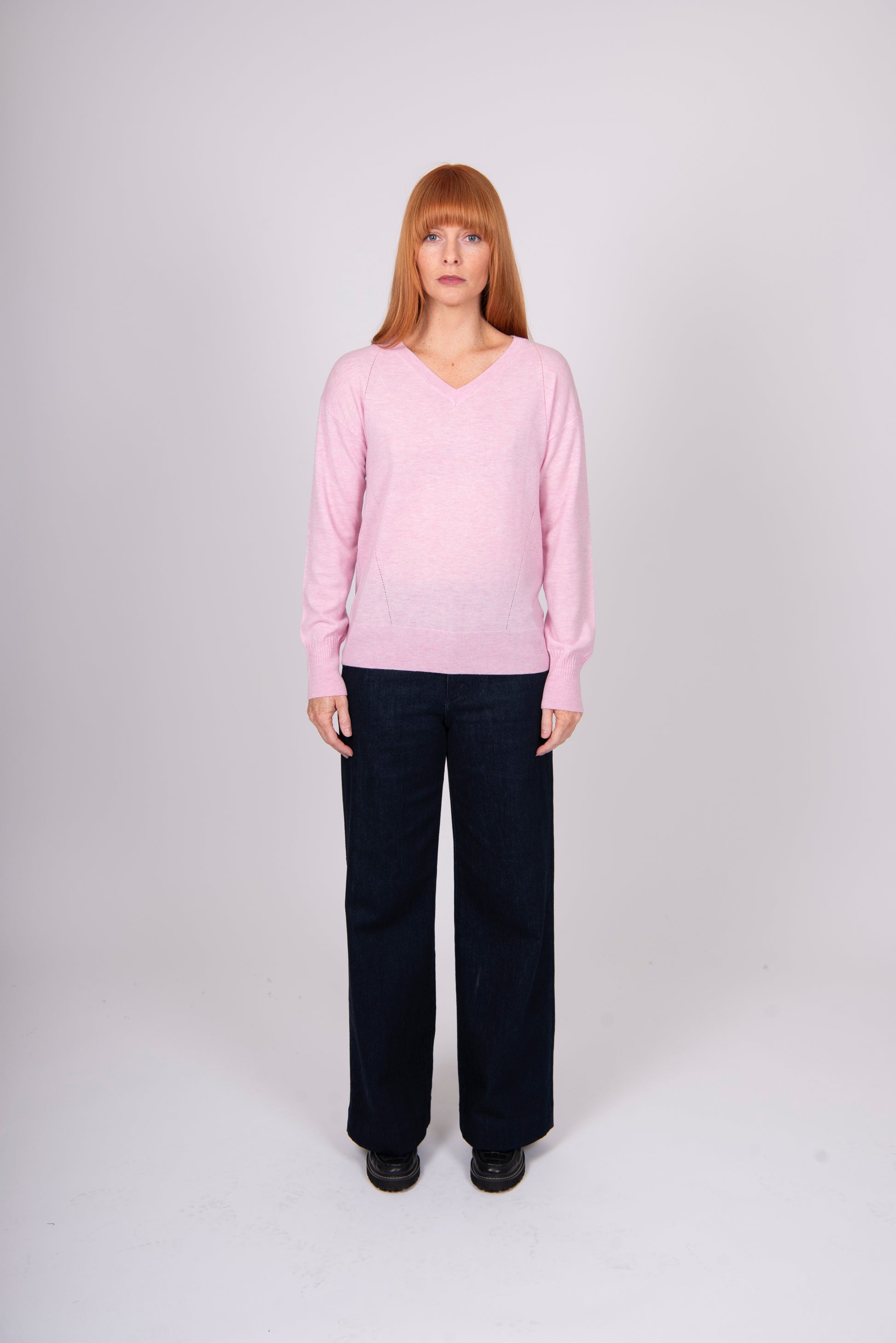 "Bridge & Lord Izzy V Neck Pullover in Tea Rose — merino cashmere blend"