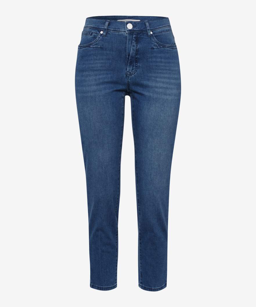 A pair of straight-legged blue jeans with a high waist, featuring multiple pockets and a button placket.
