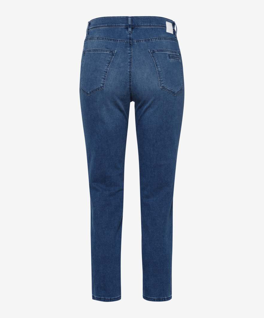 A pair of straight-legged blue jeans with a high waist, featuring multiple pockets and a button placket. Back View
