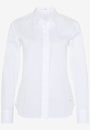 A white long sleeved shirt with a collar and button up front.
