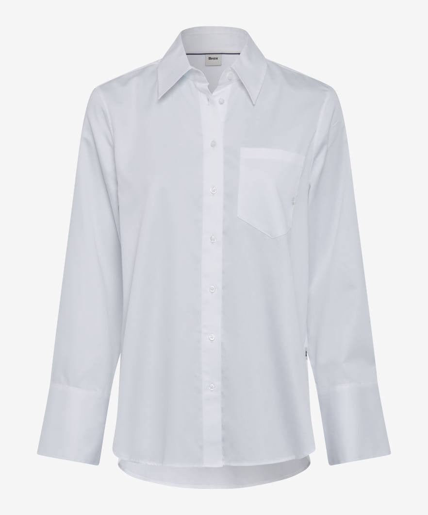 A white, long sleeved, button up shirt with a collar and a pocket on the chest.