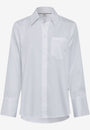 A white, long sleeved, button up shirt with a collar and a pocket on the chest.