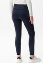 A pair of navy blue Style Lou pants with a high waist and a button at the waist,  Back view