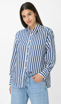 Front view a blue and white striped shirt with light blue jeans 