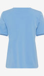 Light blue t-shirt with decorative trim on sleeves and neckline back view.
