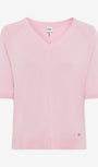 Pink blouse with a V-neck and short sleeves front view.