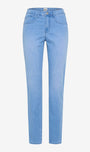 Light blue denim jeans with a straight-leg fit, shown flat against a light gray background.