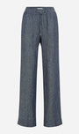 A pair of wide-leg trousers in a textured blue-gray fabric, featuring an elastic waistband with a drawstring, shown against a plain light gray background.