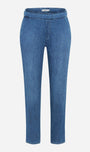 Medium wash blue denim cropped pants with a straight-leg fit, displayed on a clean white background.