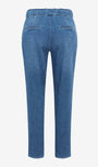 Back view of a pair of medium-wash blue denim jeans with a straight-leg fit, featuring two welt back pockets and a button closure at the waistband, shown on a light gray background.