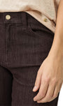 Close up of dark brown pants with a beige shirt.
