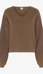 A brown ribbed knit sweater with a wide V-neck and long balloon sleeves, shown against a plain white background.
