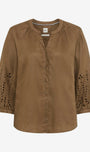 A brown button-up blouse with three-quarter sleeves, featuring eyelet embroidery on the cuffs and a gathered round neckline, shown against a plain light background.