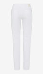 White slim-fit jeans shown from the back, featuring a small cream-colored brand patch on the upper back waistband, set against a solid white background.