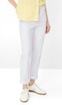 A model wearing light gray slim-fit jeans with rolled cuffs, paired with a yellow shirt and white sneakers, shown from the waist down on a white studio background.