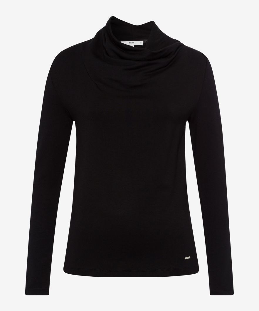 Front view a black skivvy (top) and grey trousers.