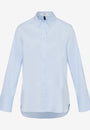 Front view a long sleeved blue shirt with a collar, button up front, and a regular fit.