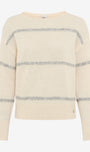 Cream-colored sweater with gray horizontal stripes.