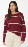 Front view a maroon sweater with white stripes .