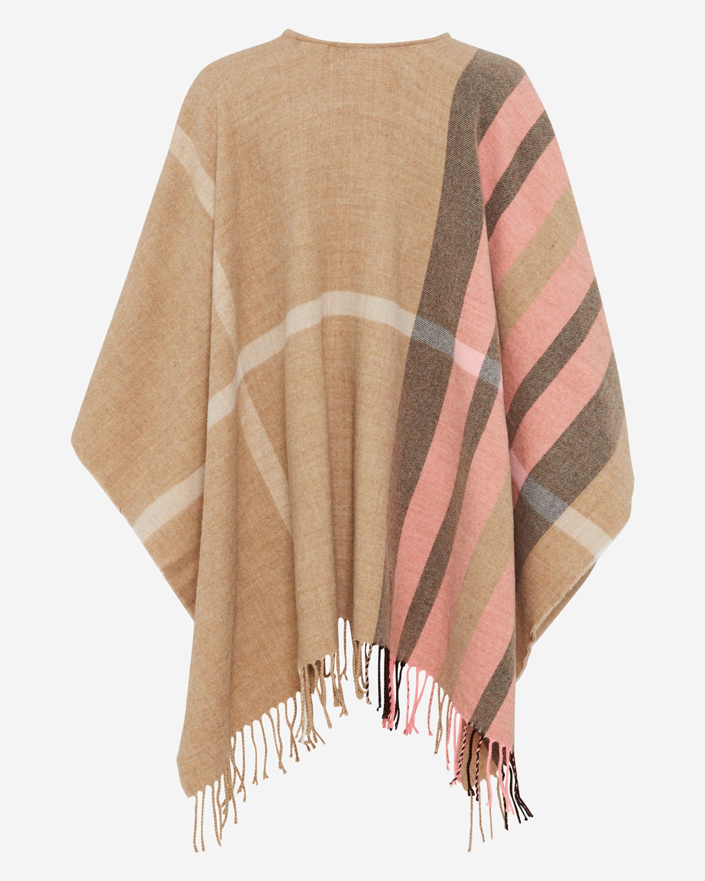 Plaid poncho with beige, pink, and brown colors  back view.