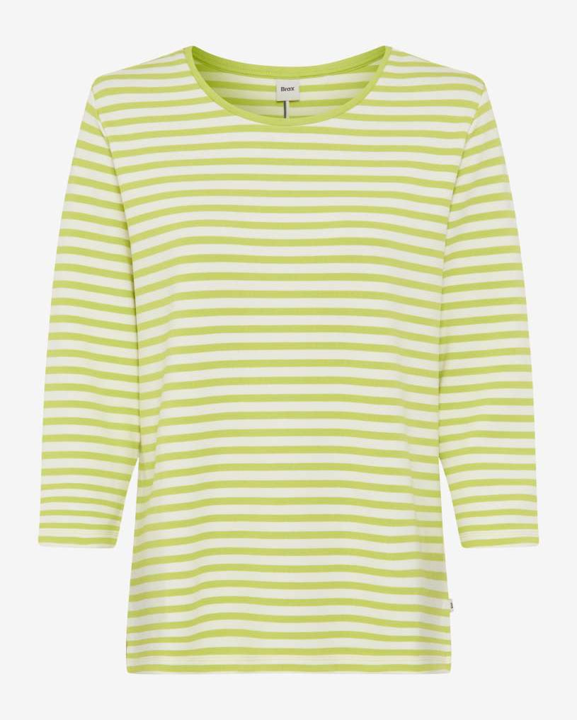 Striped shirt with green and white horizontal stripes .