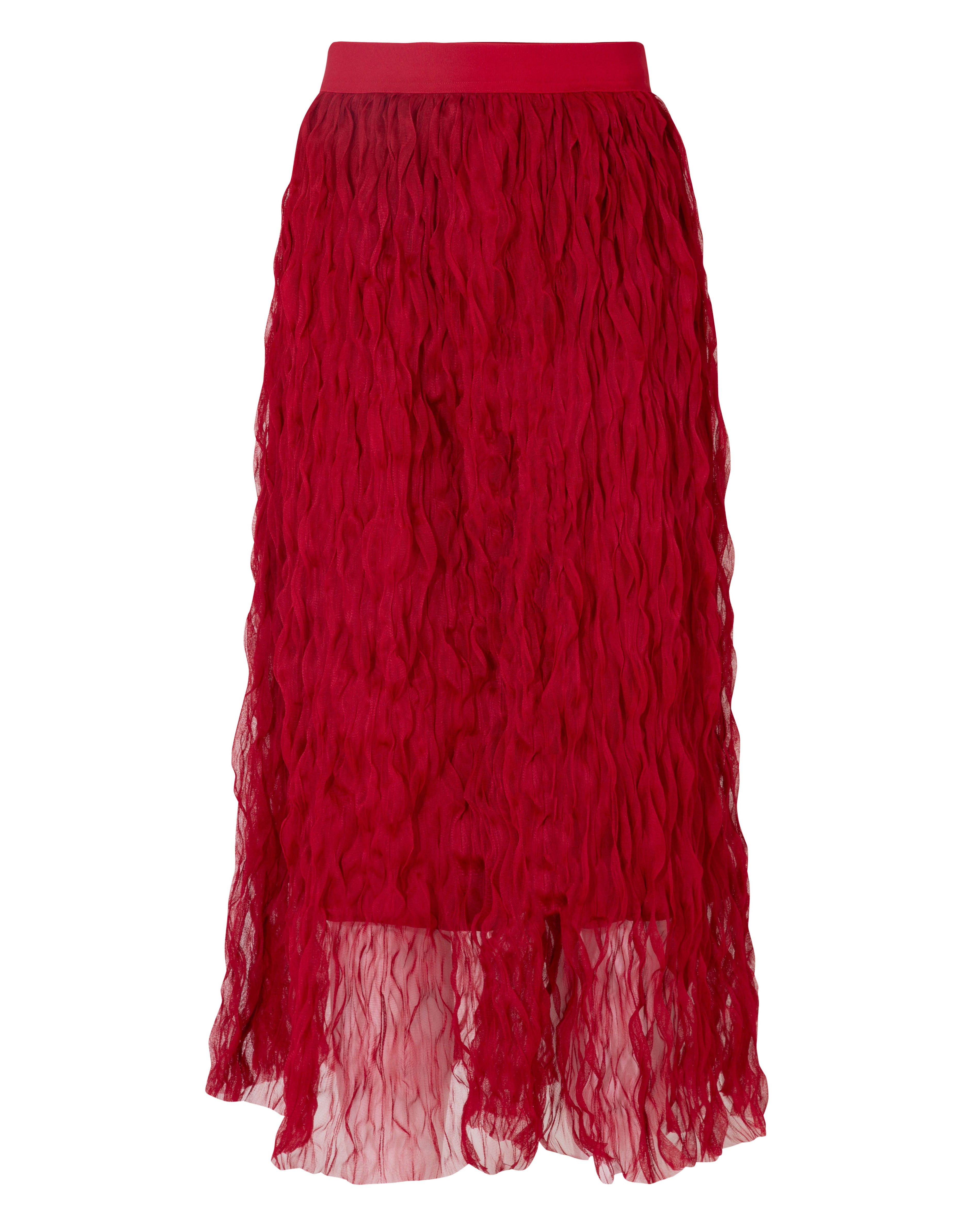 A red, elastic waist, crushed mesh fabric skirt.