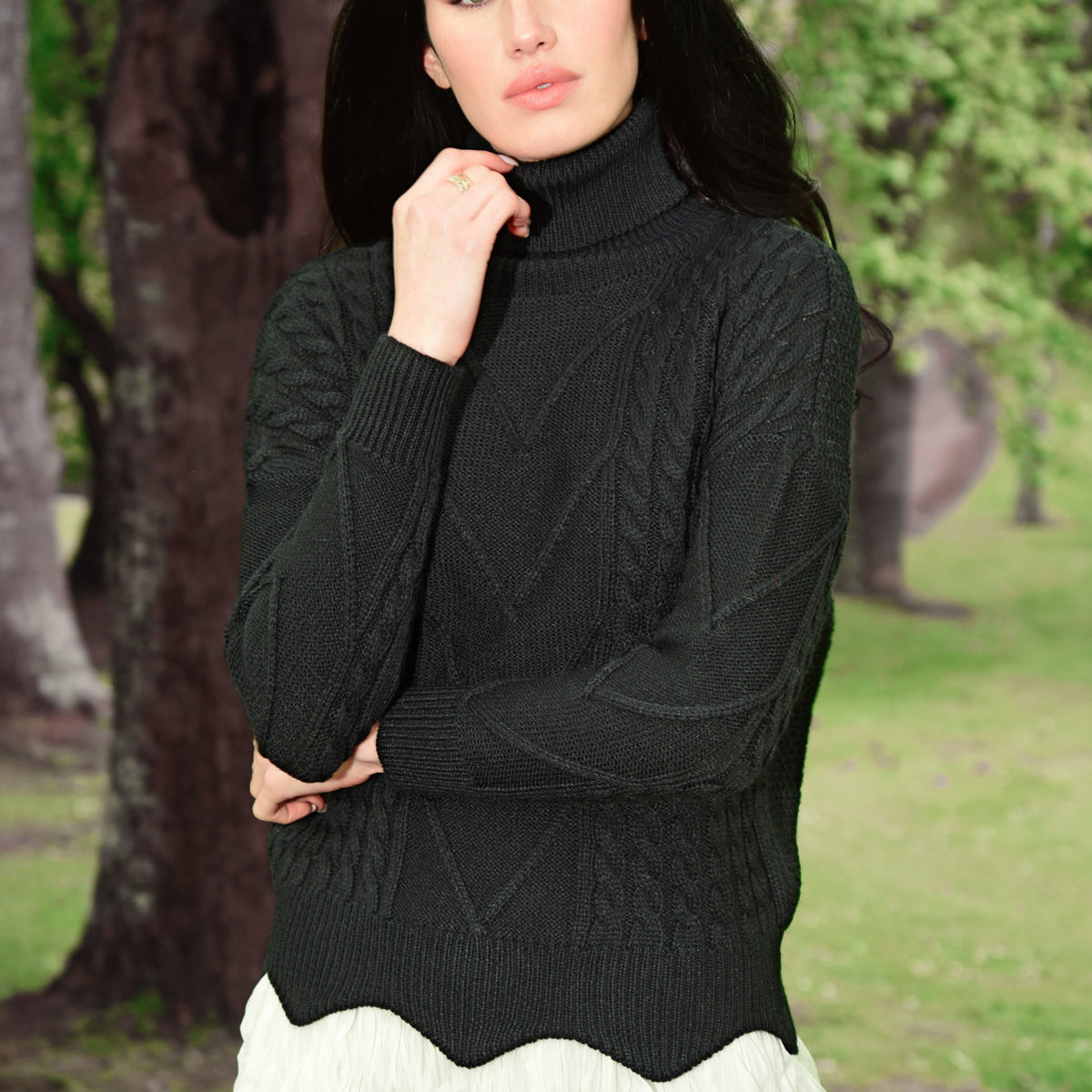 "Curate by Trelise Cooper Warm Thoughts Jumper in Black — cable knit roll neck with scalloped hem"