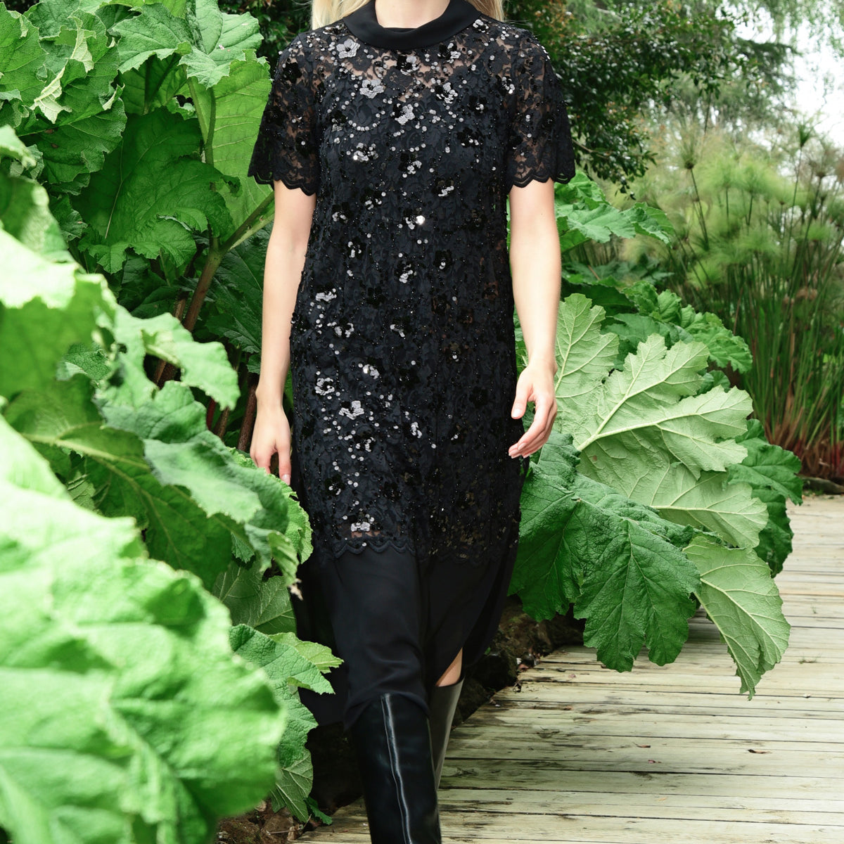 "Curate by Trelise Cooper Cabaret Club Dress in Black Sparkle — sequin lace with flutter sleeves"