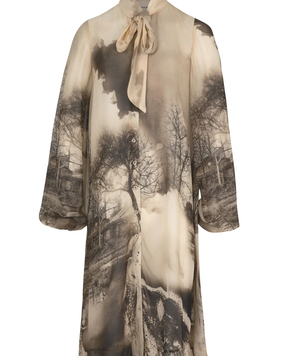 Long beige dress with a nature print on a white background