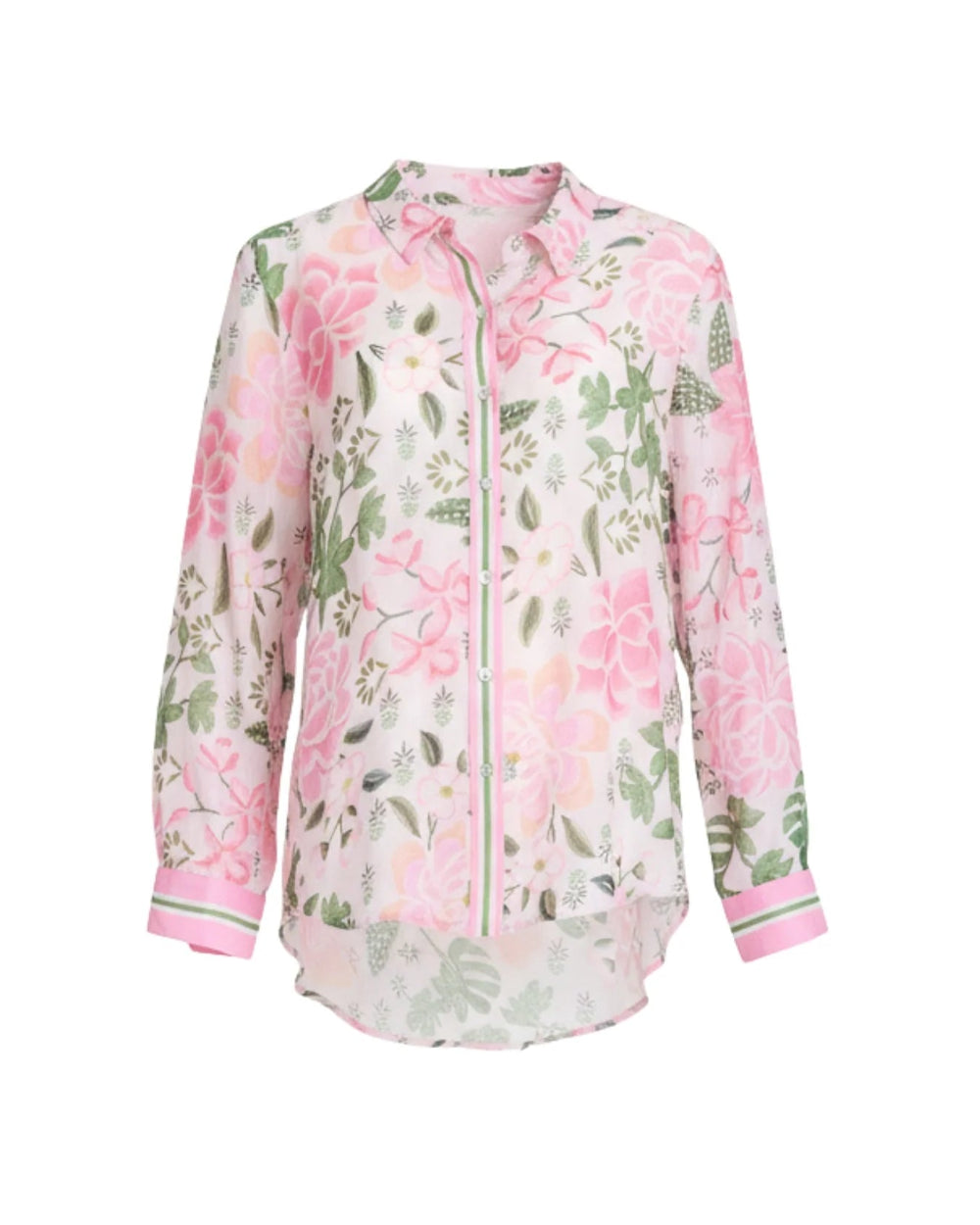 A long sleeve button-up blouse with a pink and green floral print on a white base, 