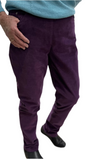 A person standing, wearing purple corduroy pants with a pair of black shoes and a blue shirt.