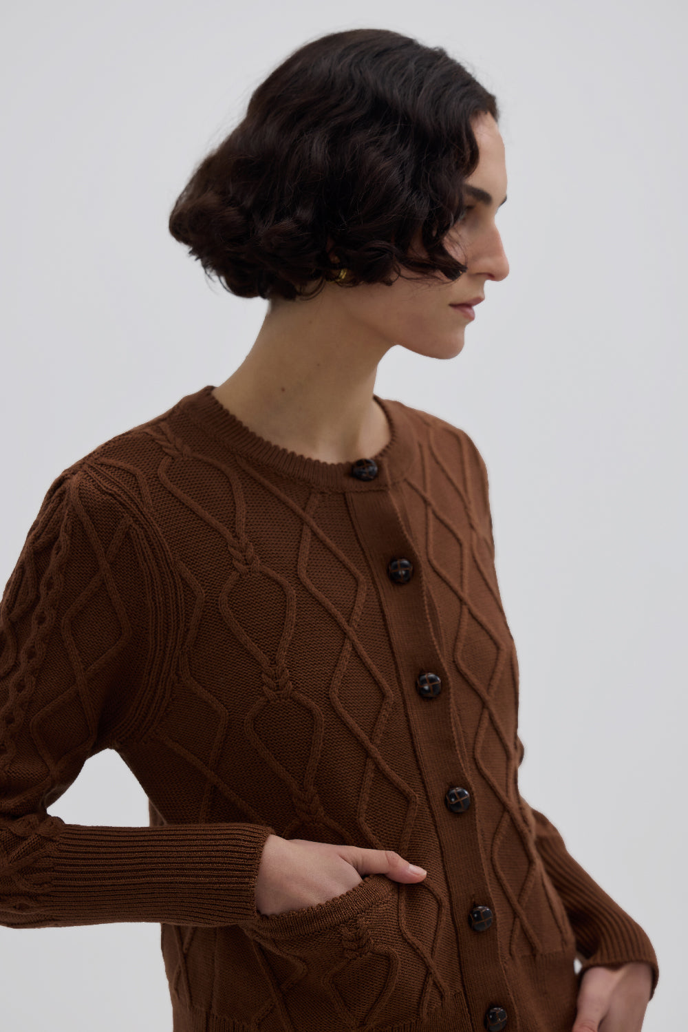 Iris & Wool Heart Cable Cardigan in Walnut — 100% Australian Merino Wool diamond cable knit