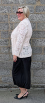 Lace Blazer by Two-Ts in Straw side view lace jacket, a black pant, and black heels.