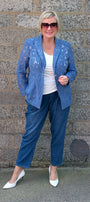 lace trimmed blazer, cobalt cropped pants, a white top, and white pointed-toe heels.