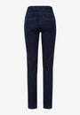 Back  view   dark  blue jeans with a high waist and slim fit. 