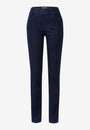 Front view   dark blue jeans with a high waist and slim fit. 