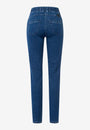 Back view  blue jeans with a high waist and slim fit. 