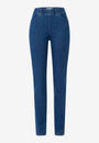 Front view  blue jeans with a high waist and slim fit. 