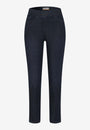 A pair of navy blue midi jean  with a  flat front design.