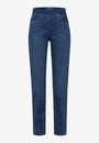 Front view blue pull up jean.