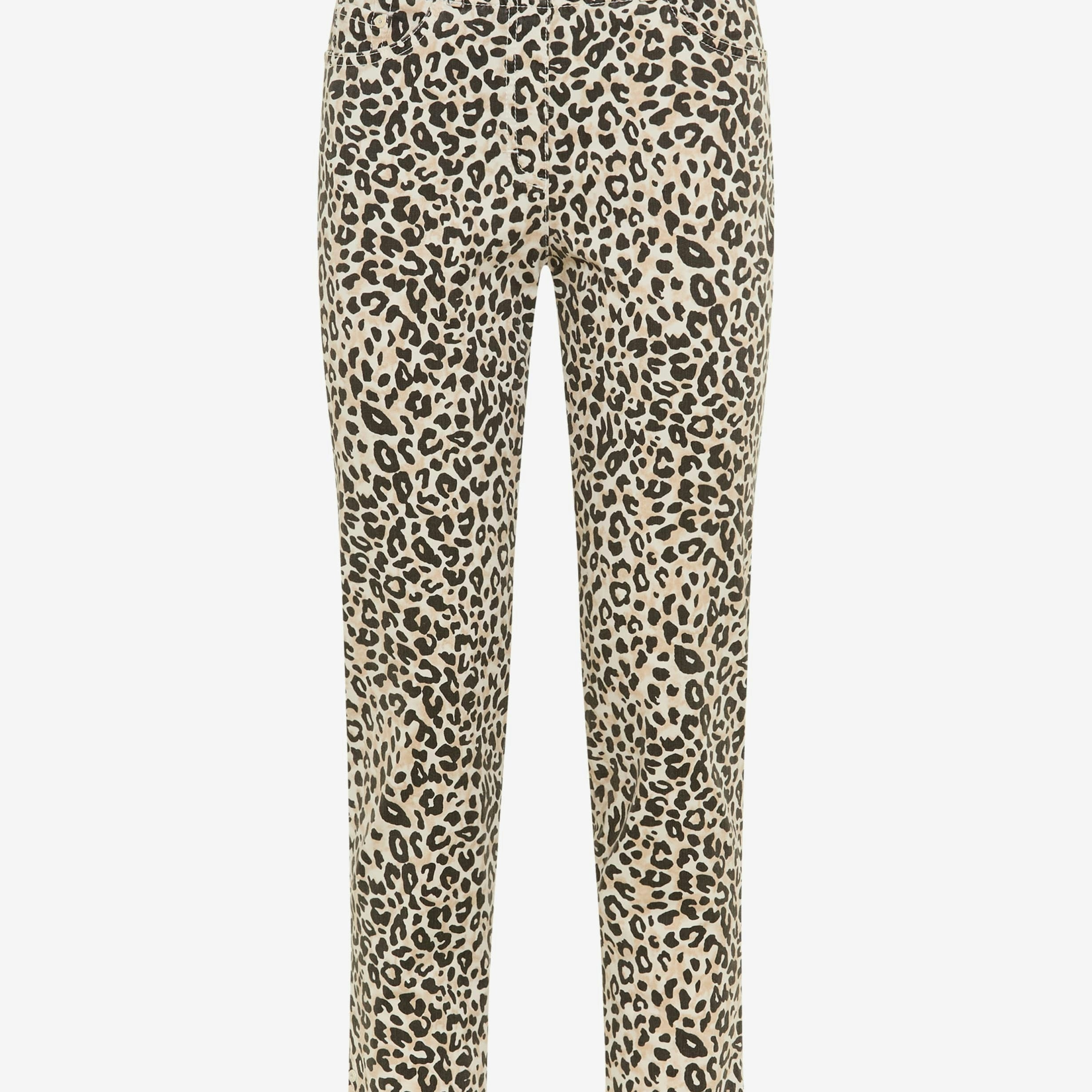 A pair of cropped trousers featuring an all over leopard print pattern in beige, brown, and black, shown against a plain light gray background.