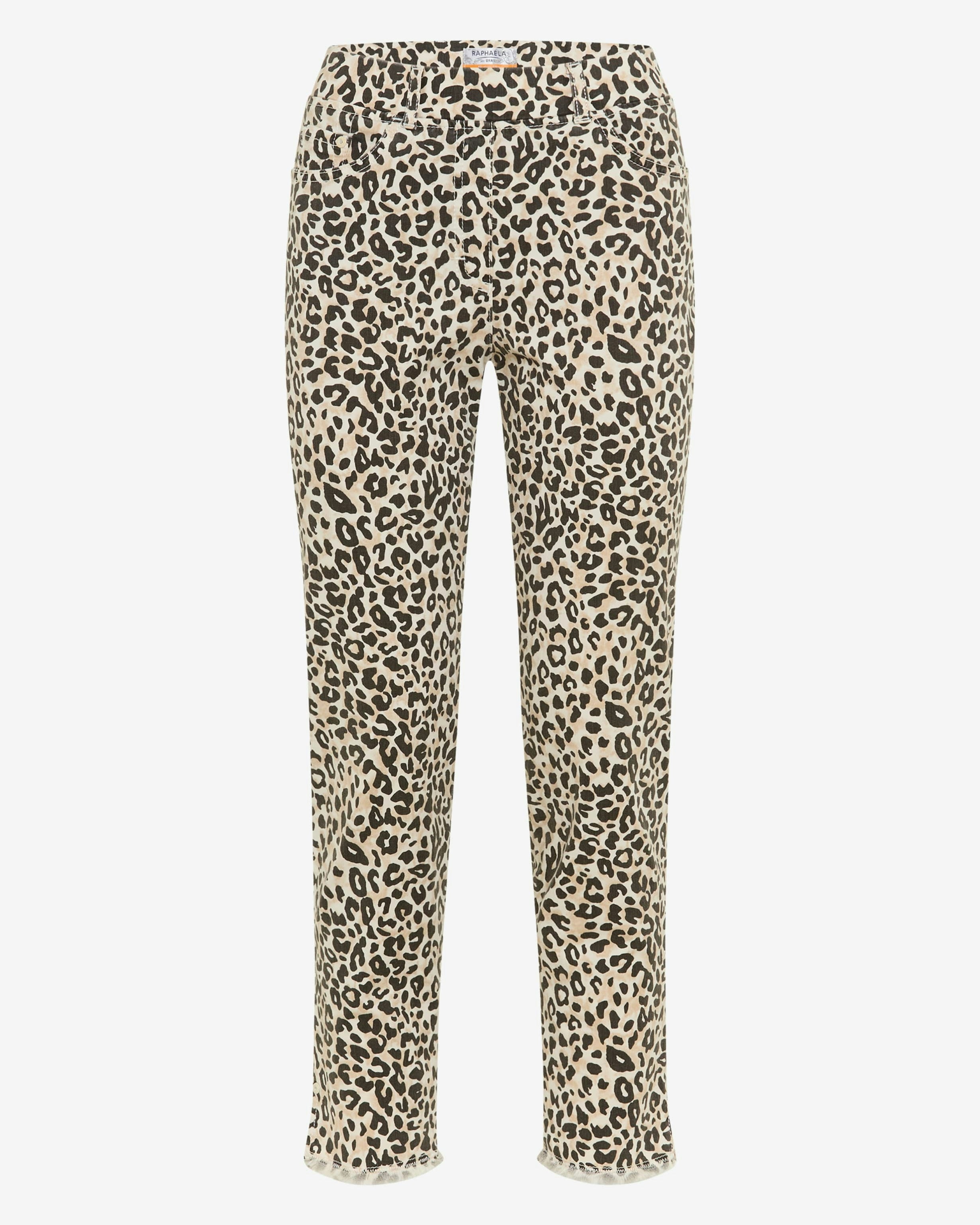 A pair of cropped trousers featuring an all over leopard print pattern in beige, brown, and black, shown against a plain light gray background.