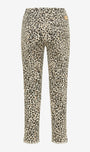A pair of cropped pants featuring an all over leopard print pattern in beige, brown, and black, shown from the back on a light gray background.