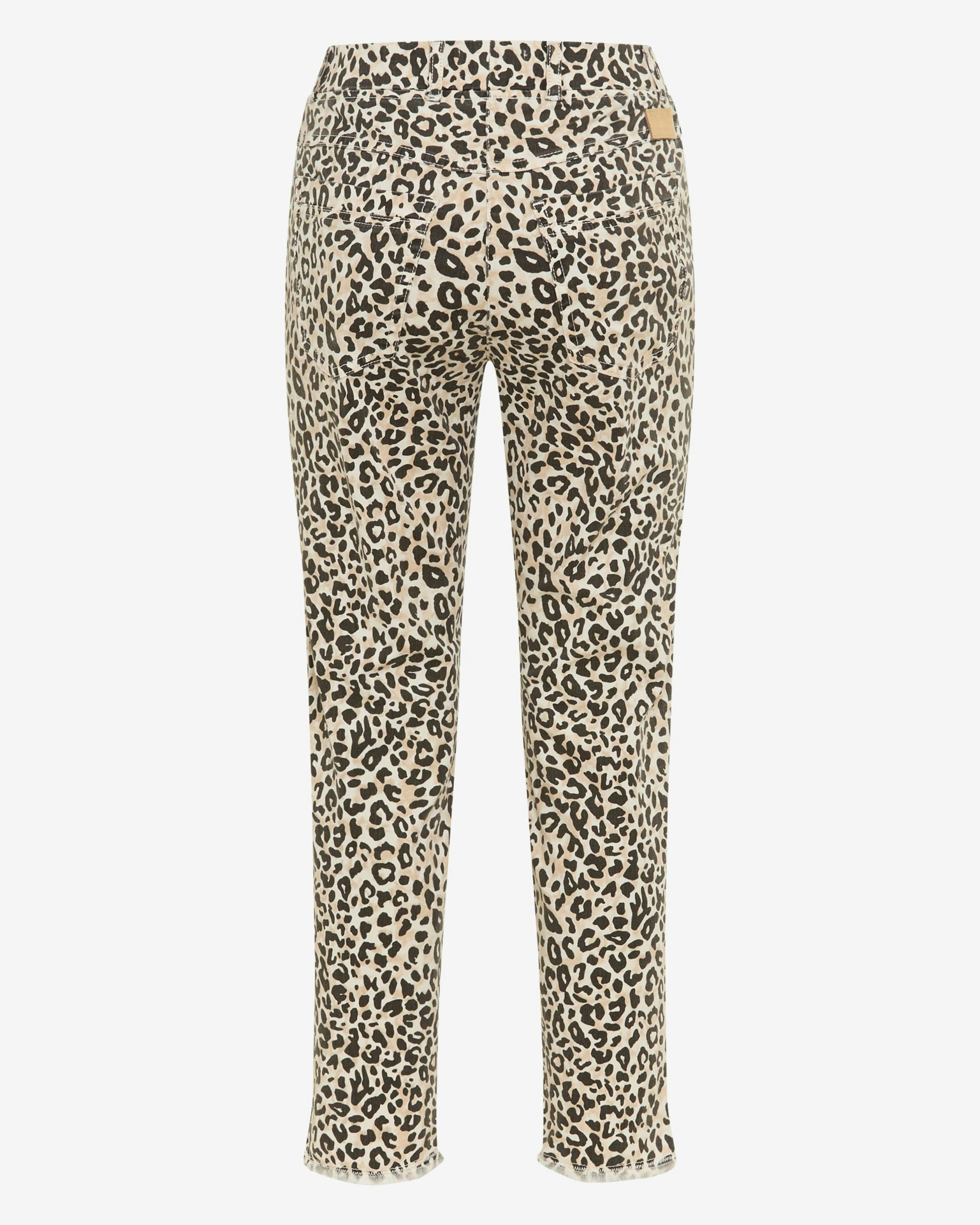 A pair of cropped pants featuring an all over leopard print pattern in beige, brown, and black, shown from the back on a light gray background.