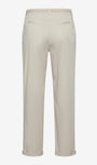 A pair of light beige straight-leg trousers shown from the back, featuring a clean waistband and two welt back pockets, set against a plain light gray background.