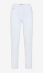 White slim fit straight leg jeans photographed flat against a light gray background.