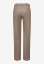 Back view  of beige flared pants with a midrise waist.
