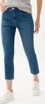 A pair of straight-legged blue jeans with a high waist, featuring multiple pockets and a button placket.