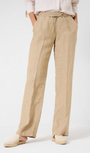 A pair of beige linen trousers with a wide leg cut, featuring an elasticated waistband and decorative stripes.
