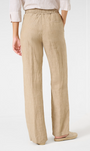 Back view A pair of beige linen trousers with a wide leg cut, featuring an elasticated waistband and decorative stripes.